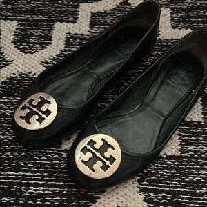 Tory Burch Black Leather Flats with Signature Logo
